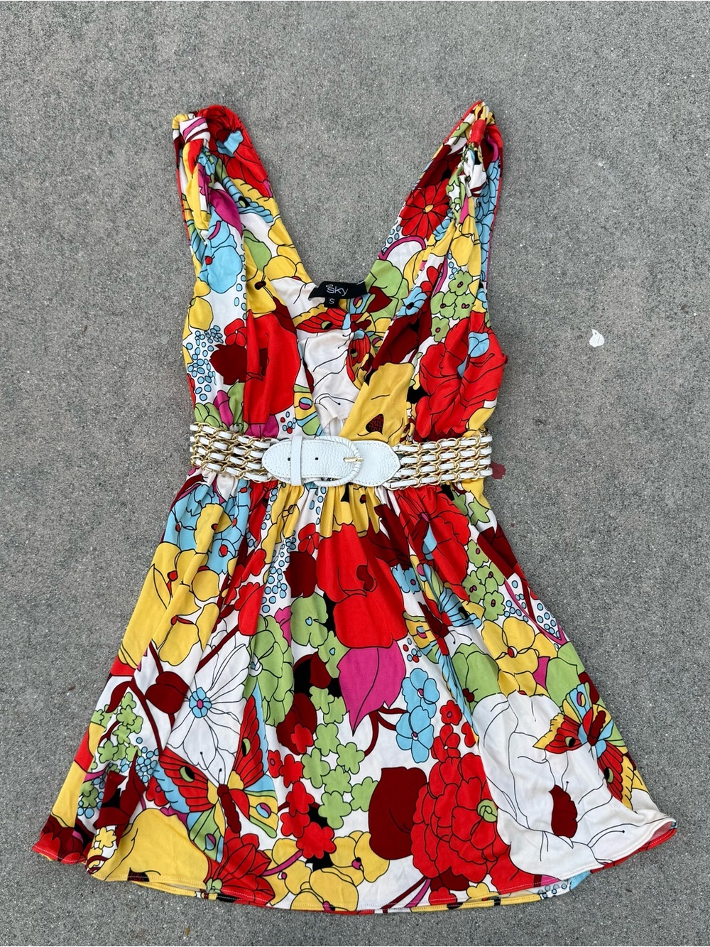 Sky deep V Neck colorful floral tunic top belt accent small preloved Y2K 90s